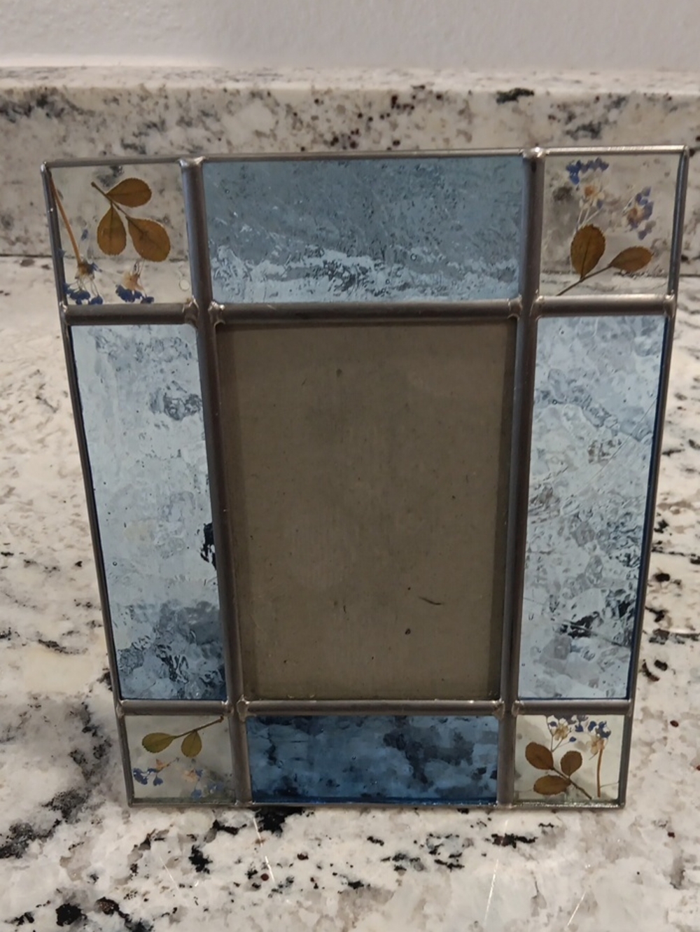 Vintage Carr Blue Stained Glass Photo Frame with Pressed Flower Accents